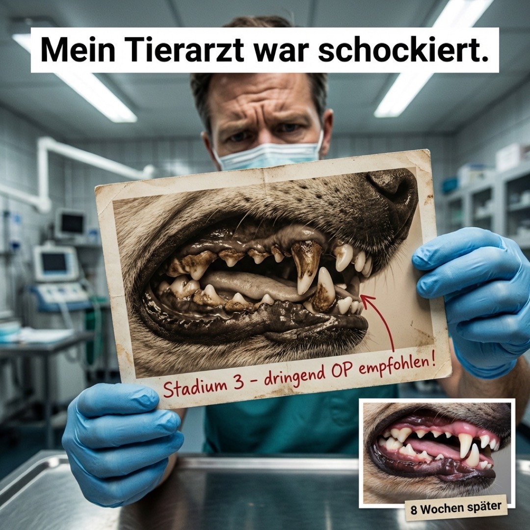Tierarzt zeigt schockiert ein Vorher/Nachher-Bild: Stadium-3-Zahnstein in 8 Wochen zurückgegangen.