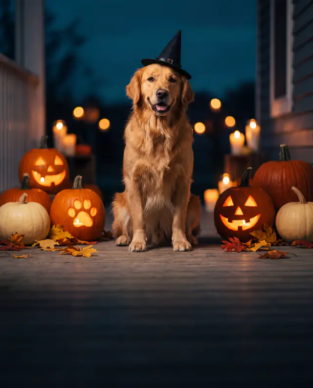 Golden Retriever mit Hexenhut zwischen leuchtenden Halloween-Kürbissen